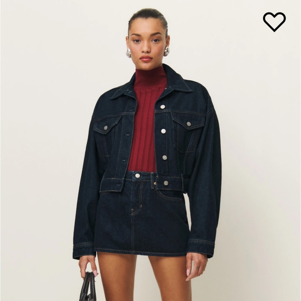 Reformation Dark Denim Mini Skirt with Matching Jacket - Burgundy Top